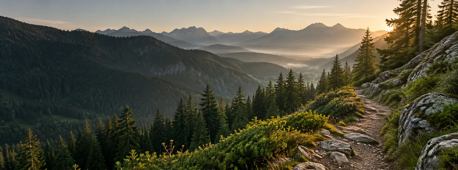 Bergweg mit Blick über bewaldete Gipfel