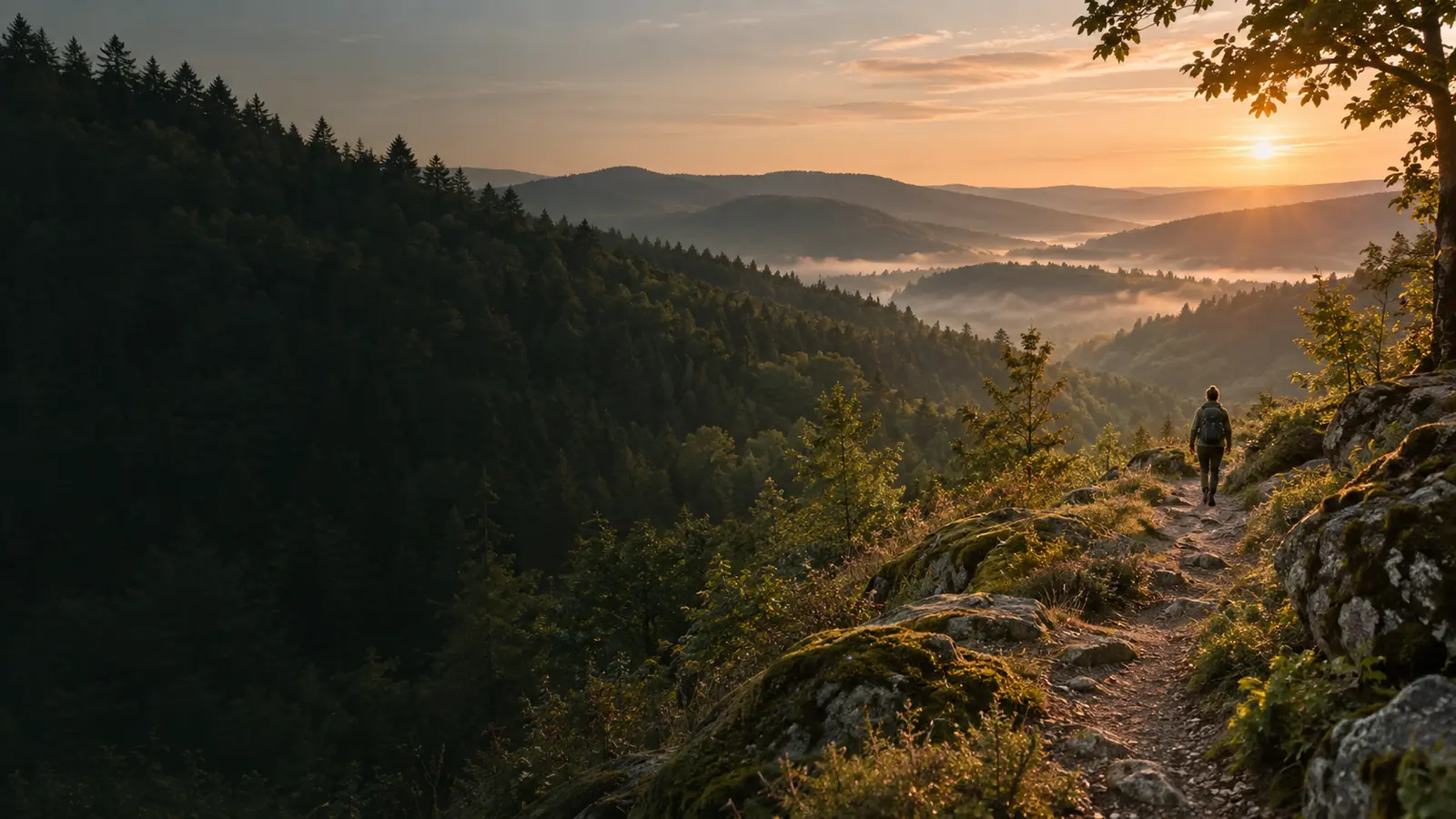 Wanderin auf einem Weg im Mittelgebirge bei Sonnenaufgang