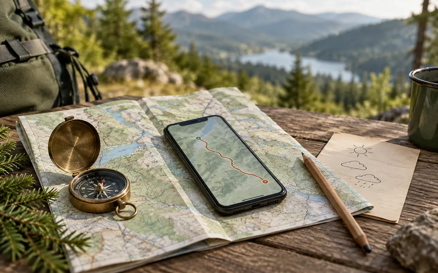 Tourenplanung mit Karte, Smartphone und Kompass