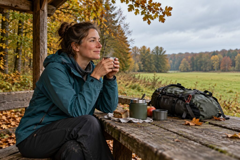Wanderin mit warmem Getränk bei einer Herbstpause am Waldrand