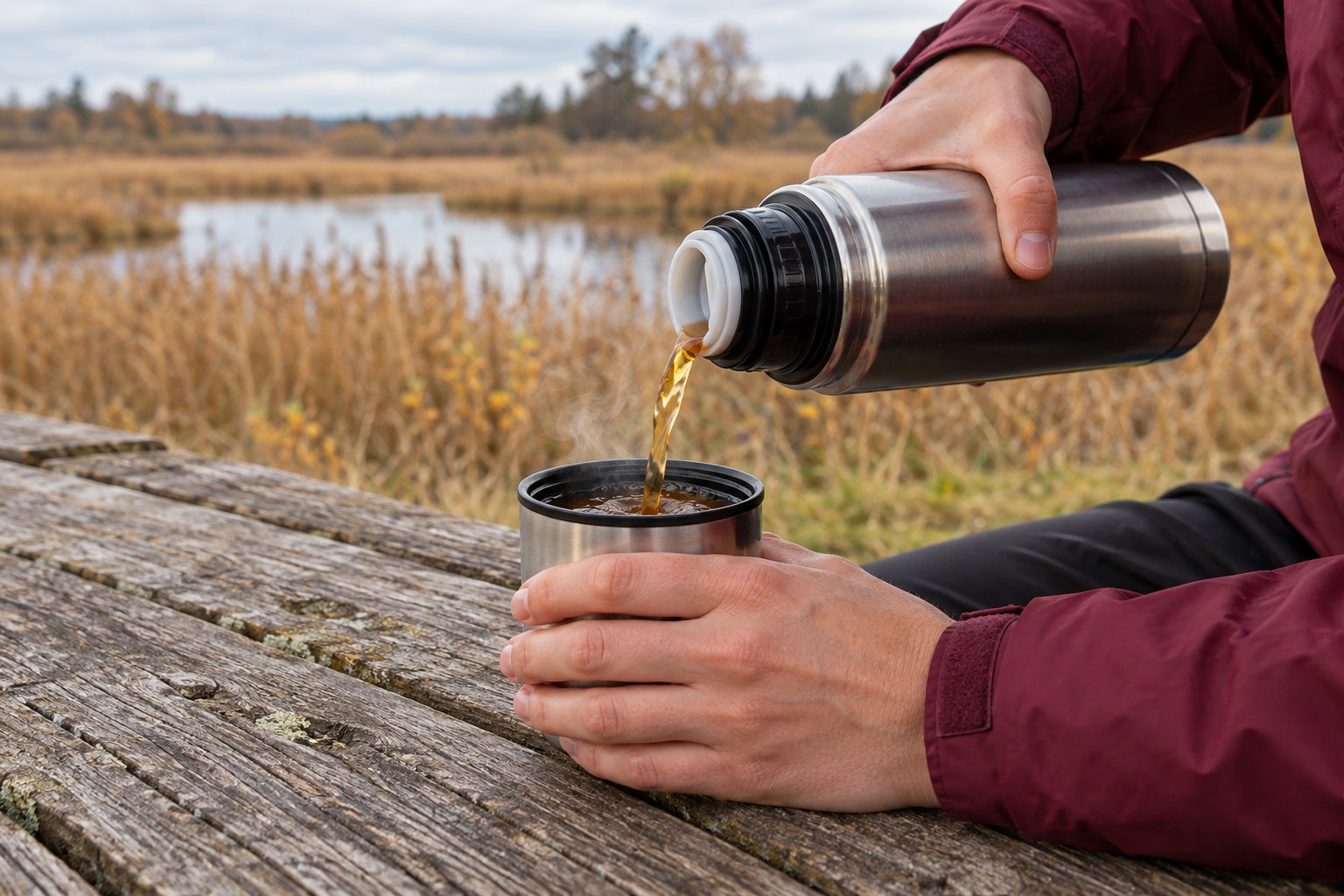 Heißer Tee wird aus einer Thermoskanne in einen Becher gegossen