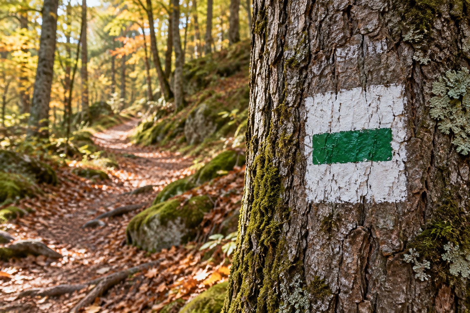 Grüne Wanderwegmarkierung auf weißem Grund an einem Baum neben einem Waldpfad