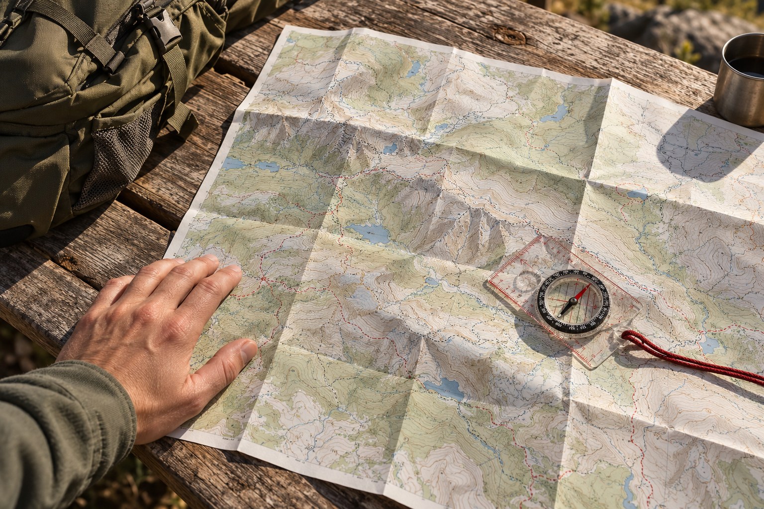 Papierkarte und Kompass auf einem Holztisch zur Vorbereitung einer Wanderung
