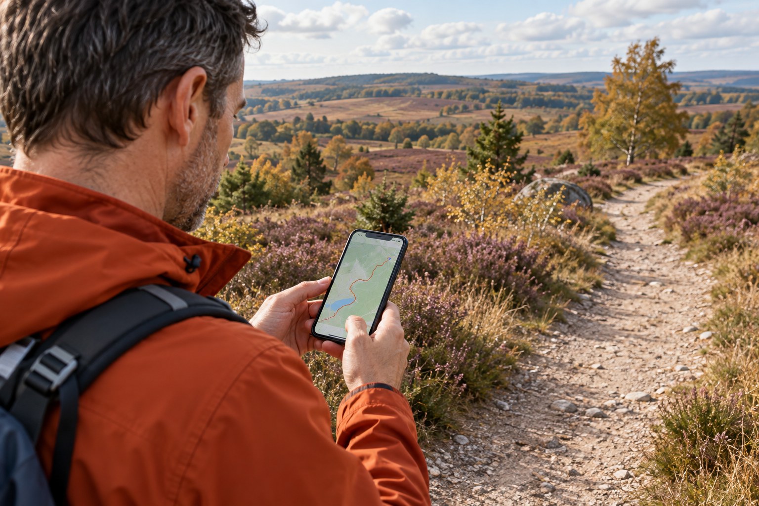 Wanderer prüft eine Karte auf dem Smartphone neben einem Weg in offener Heidelandschaft