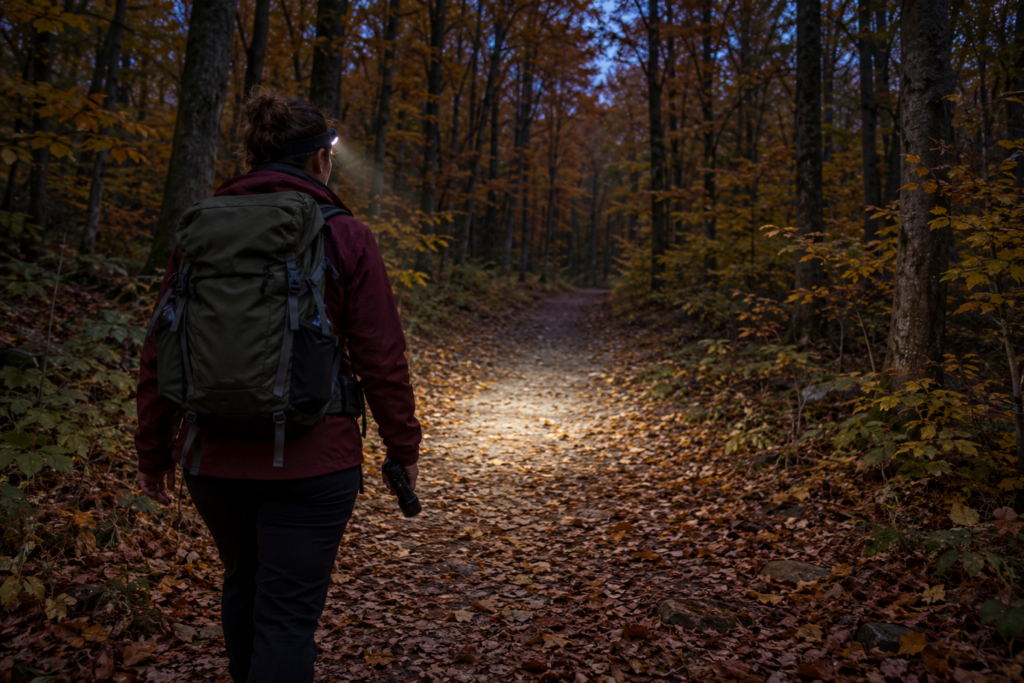Wanderin mit Stirnlampe und ausgeschalteter Taschenlampe auf einem ebenen Waldweg in der Dämmerung