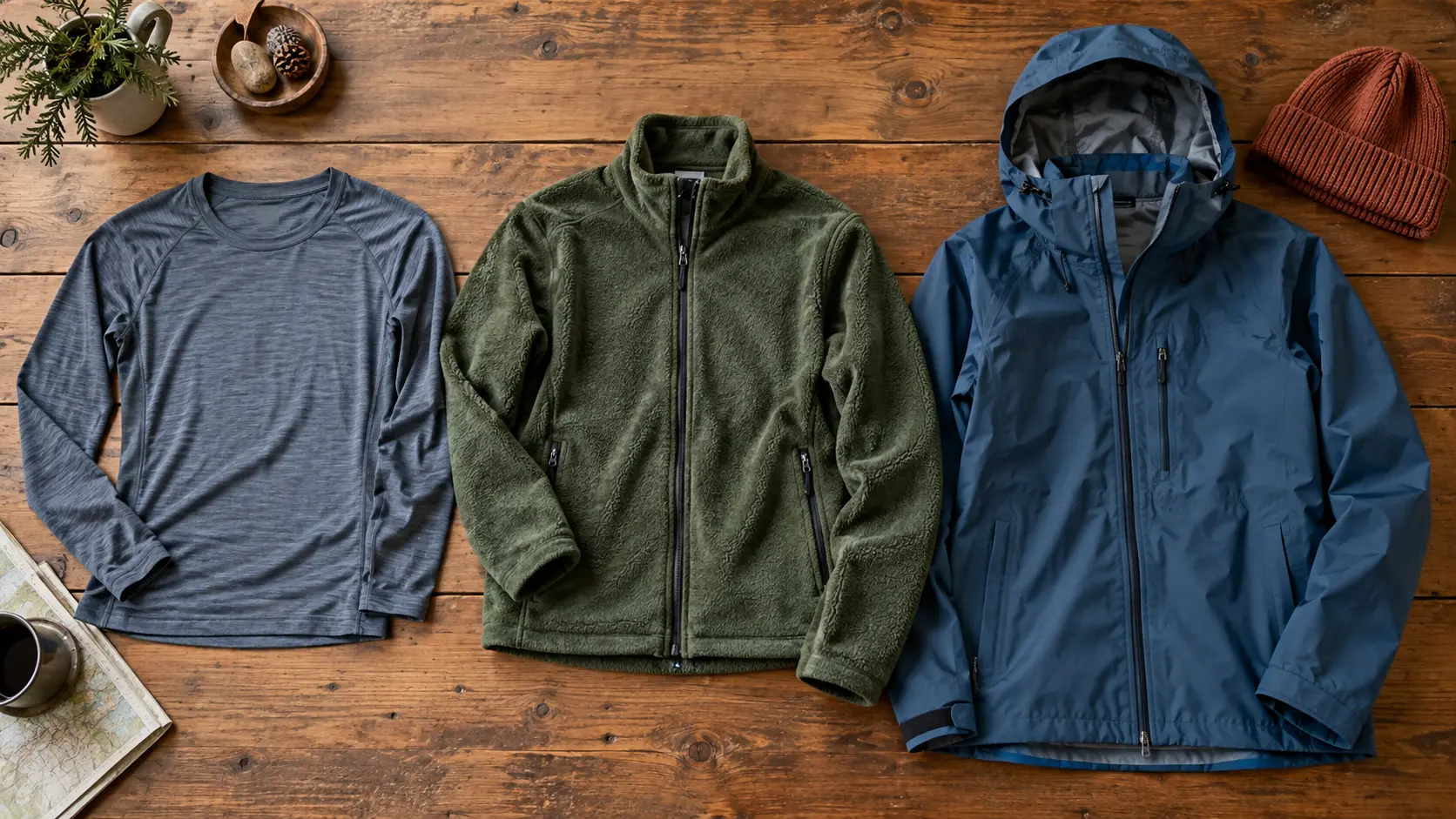 Baselayer, Fleece und Regenjacke als drei Bekleidungsschichten für eine Wanderung