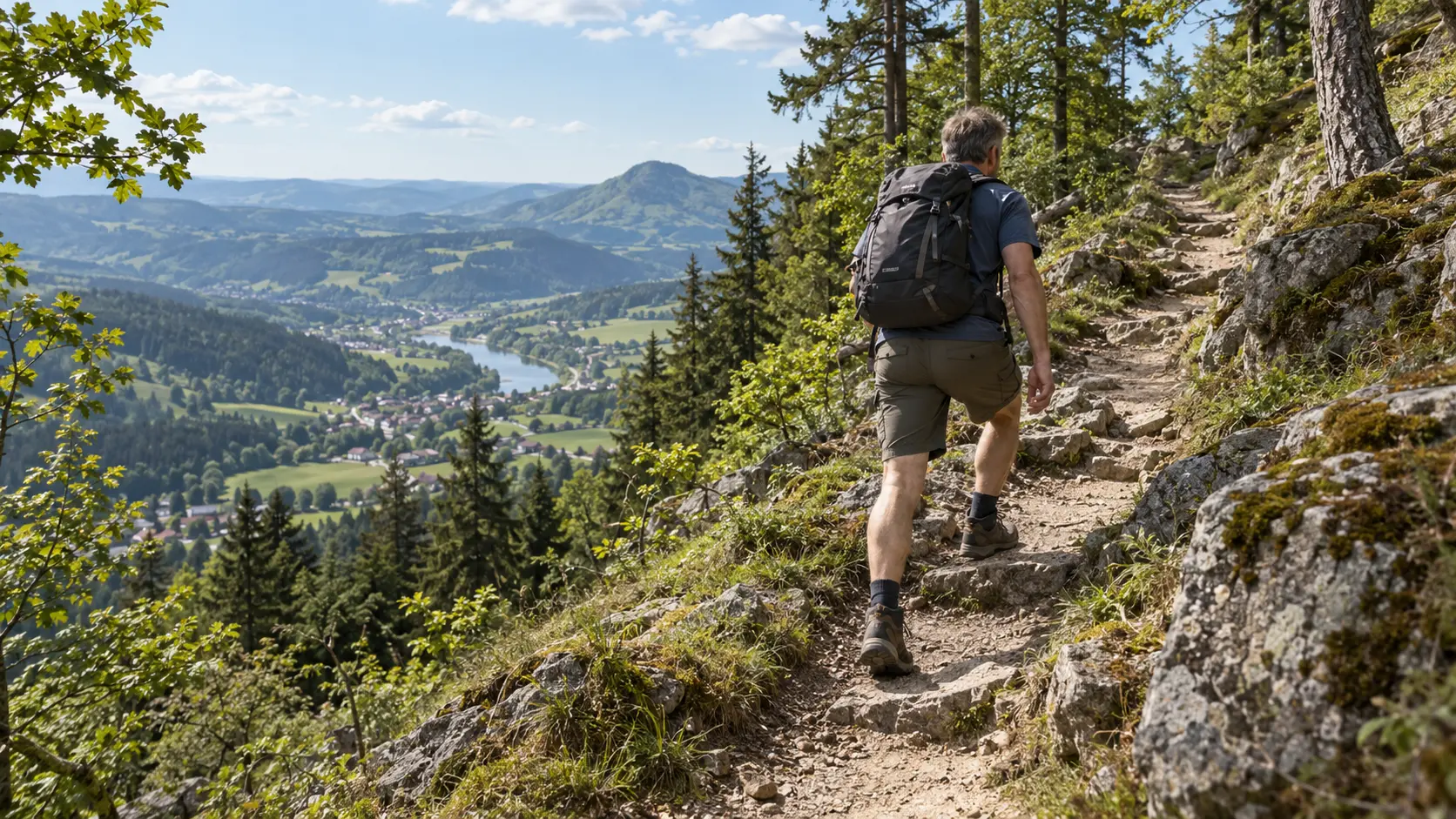 Ein Wanderer steigt auf einem steilen Bergweg oberhalb eines Tals auf