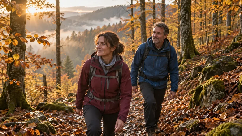 Zwei Wanderer bei Aufstieg am Waldweg