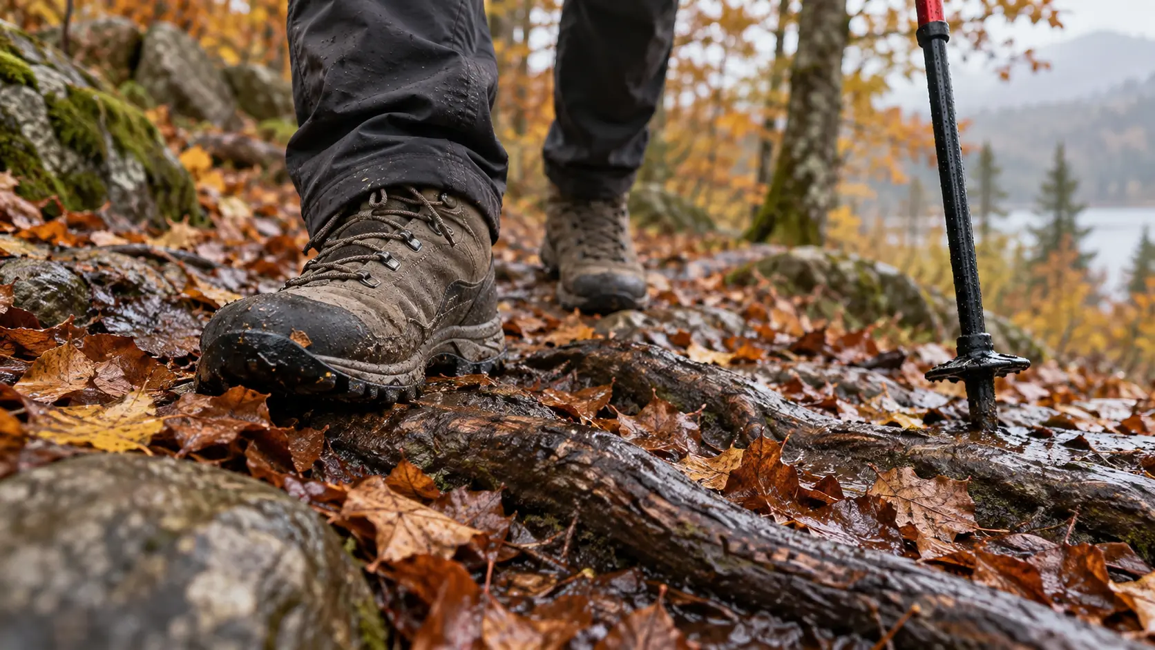 Wanderschuhe und ein Wanderstock auf nassen Wurzeln und Herbstlaub