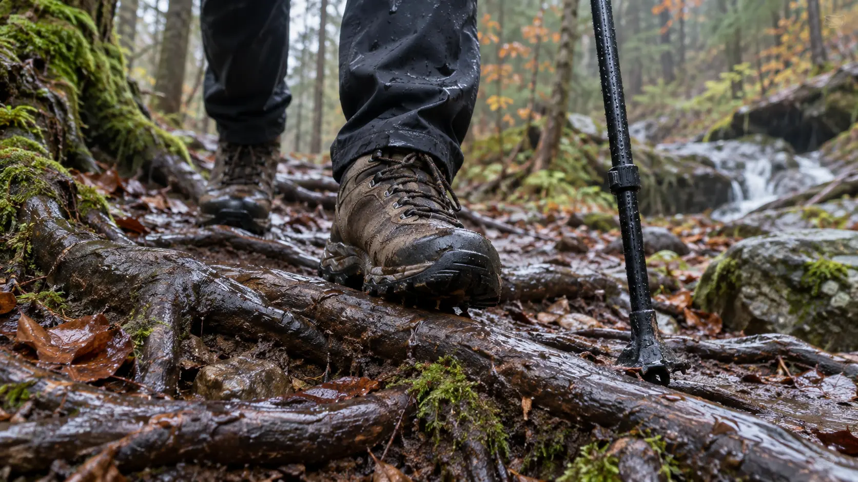 Wanderschuhe gehen vorsichtig über nasse Baumwurzeln