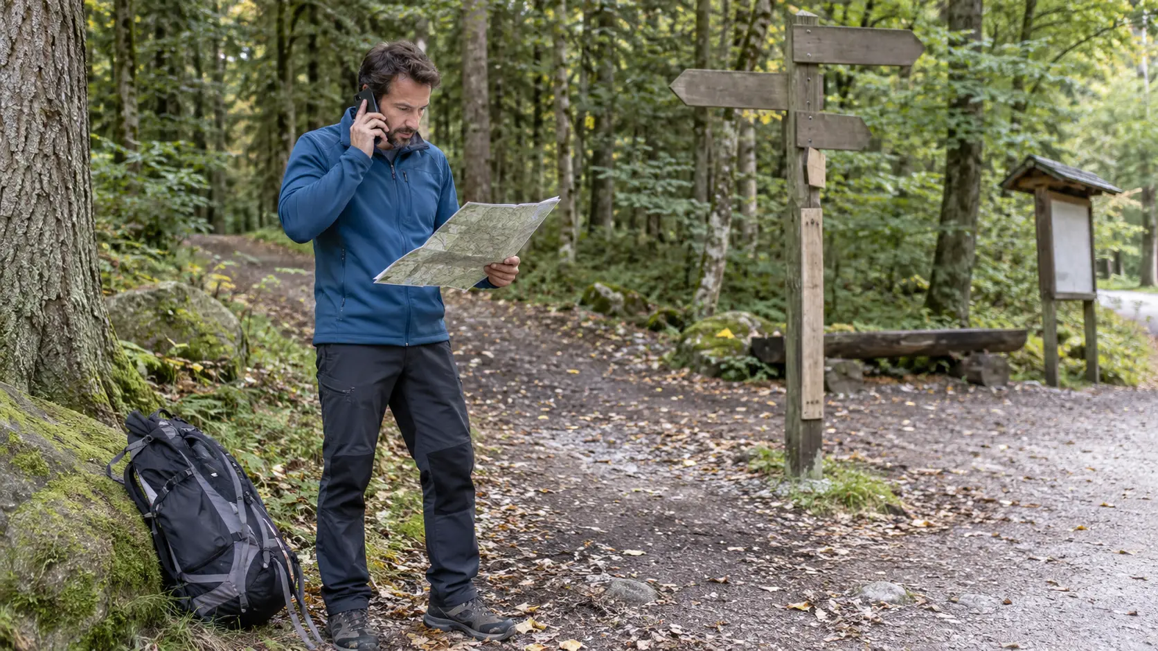 Wanderer telefoniert an einer Waldwegkreuzung und prüft den Standort auf einer Karte