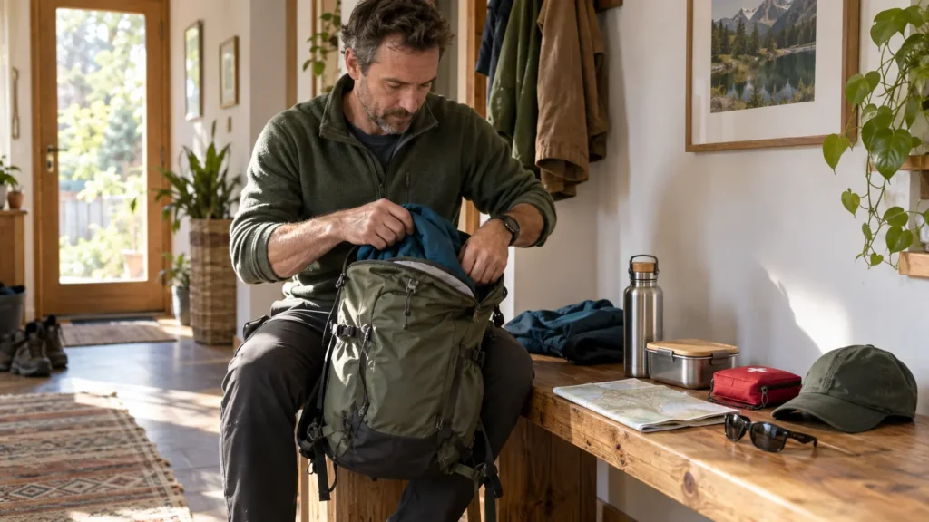 Wanderer packt zuhause die Ausrüstung