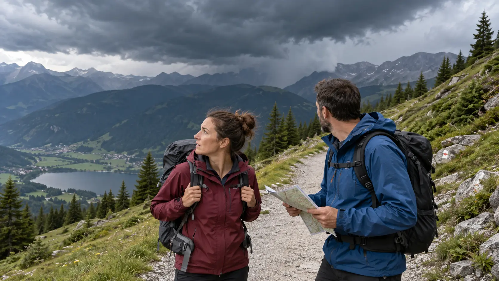 Zwei Wandernde entscheiden sich wegen dunkler Wetterwolken auf einem sicheren Weg zur Umkehr