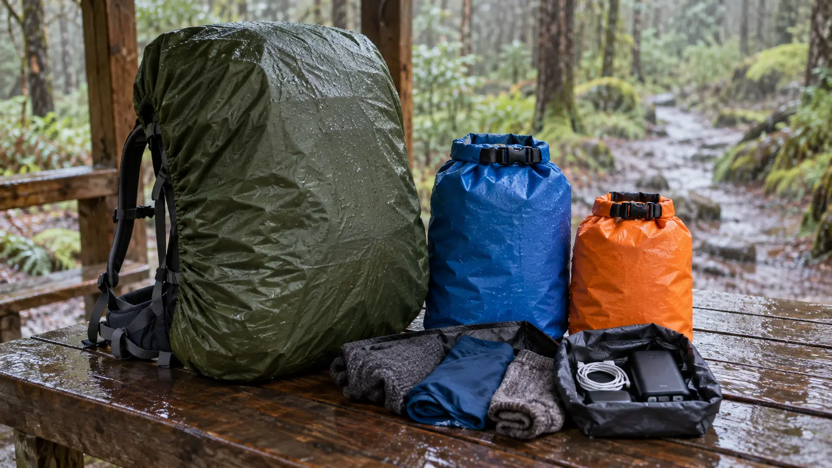 Wanderrucksack mit Regenhülle und zusätzlich wasserdicht verpackter Ausrüstung