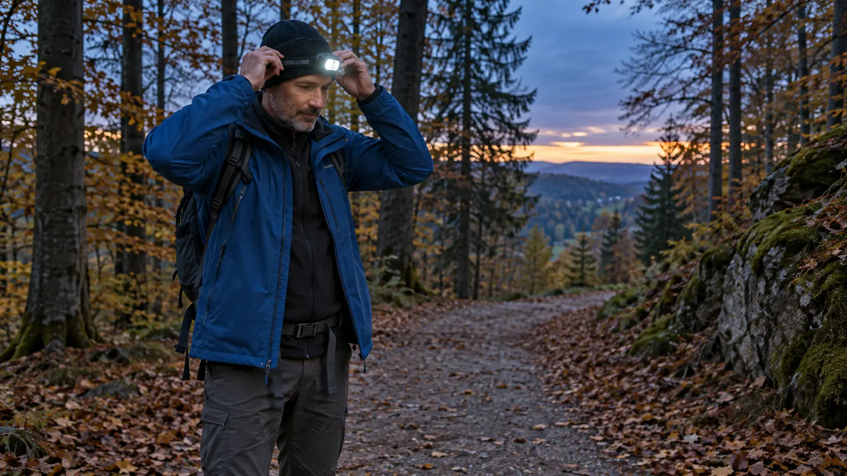 Ein Wanderer setzt bei einsetzender Dämmerung auf einem Waldweg eine Stirnlampe auf
