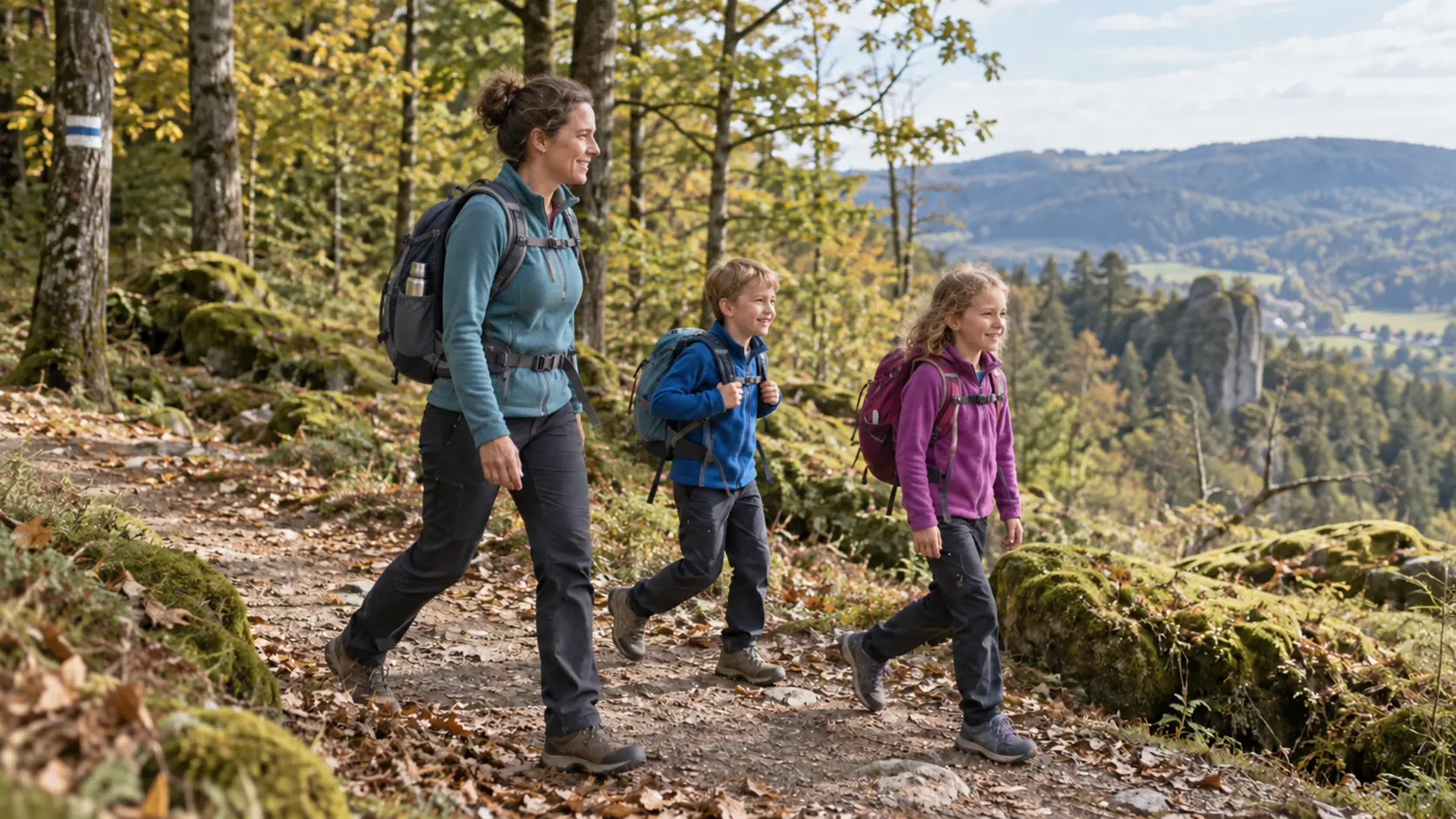 Erwachsene Wanderin mit Tagesrucksack und zwei Kindern mit kleinen Rucksäcken auf einem Waldweg