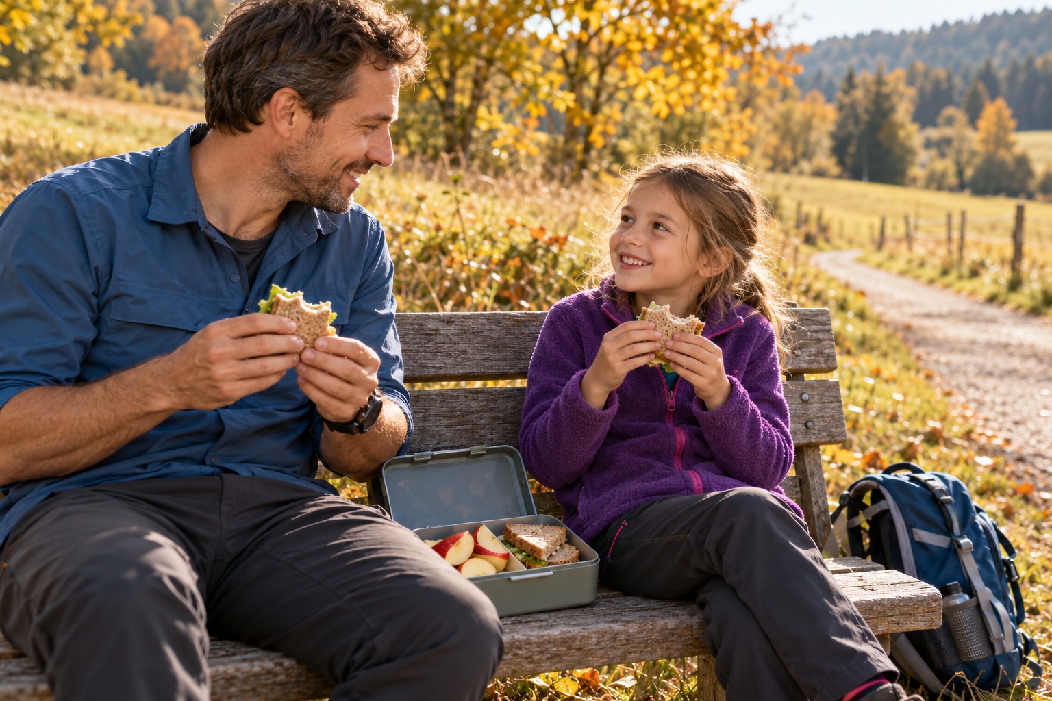 Vater und Tochter essen belegte Brote auf einer Bank am herbstlichen Wanderweg
