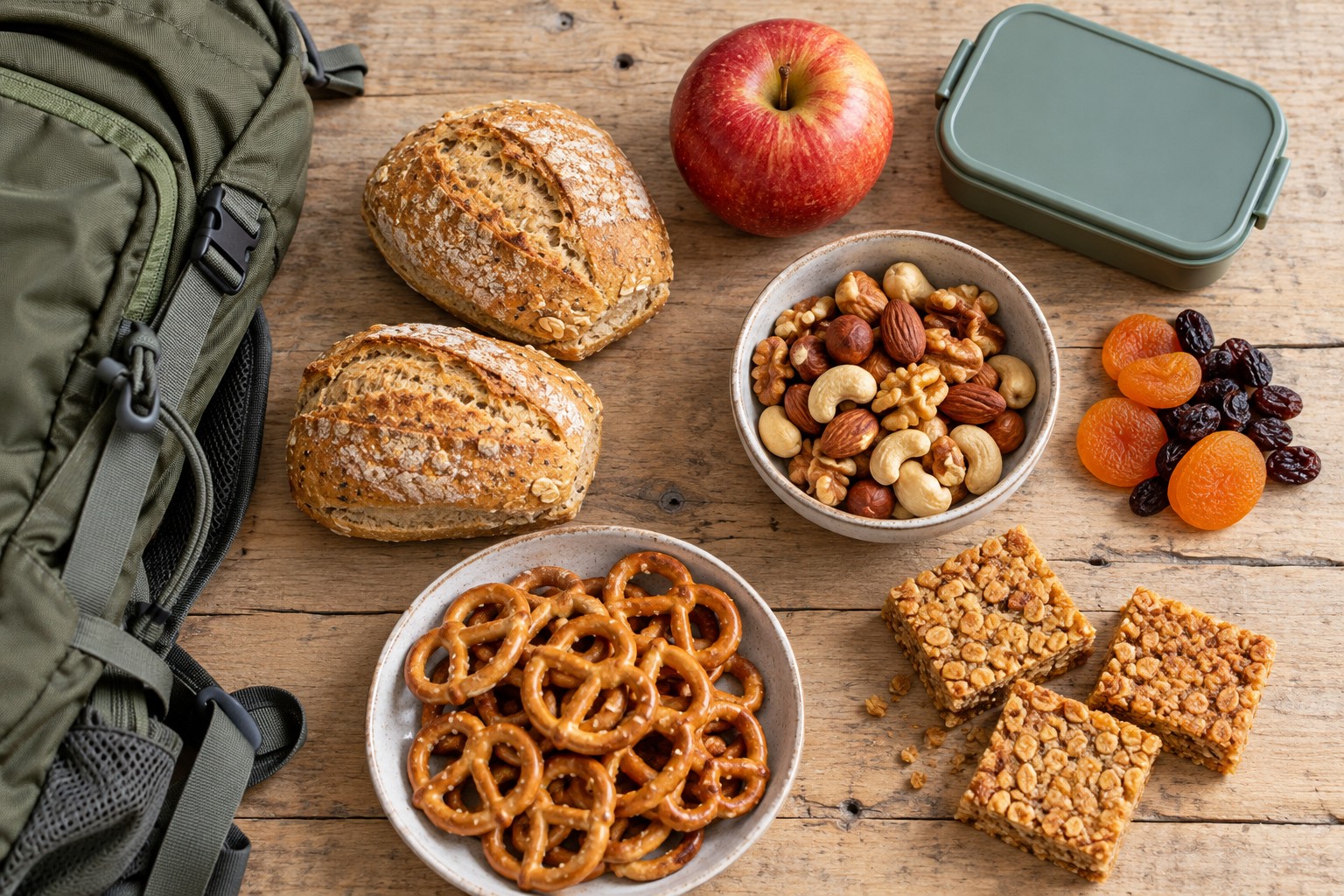 Brötchen, Apfel, Nüsse, Trockenfrüchte, Salzbrezeln und Haferriegel auf einem Holztisch