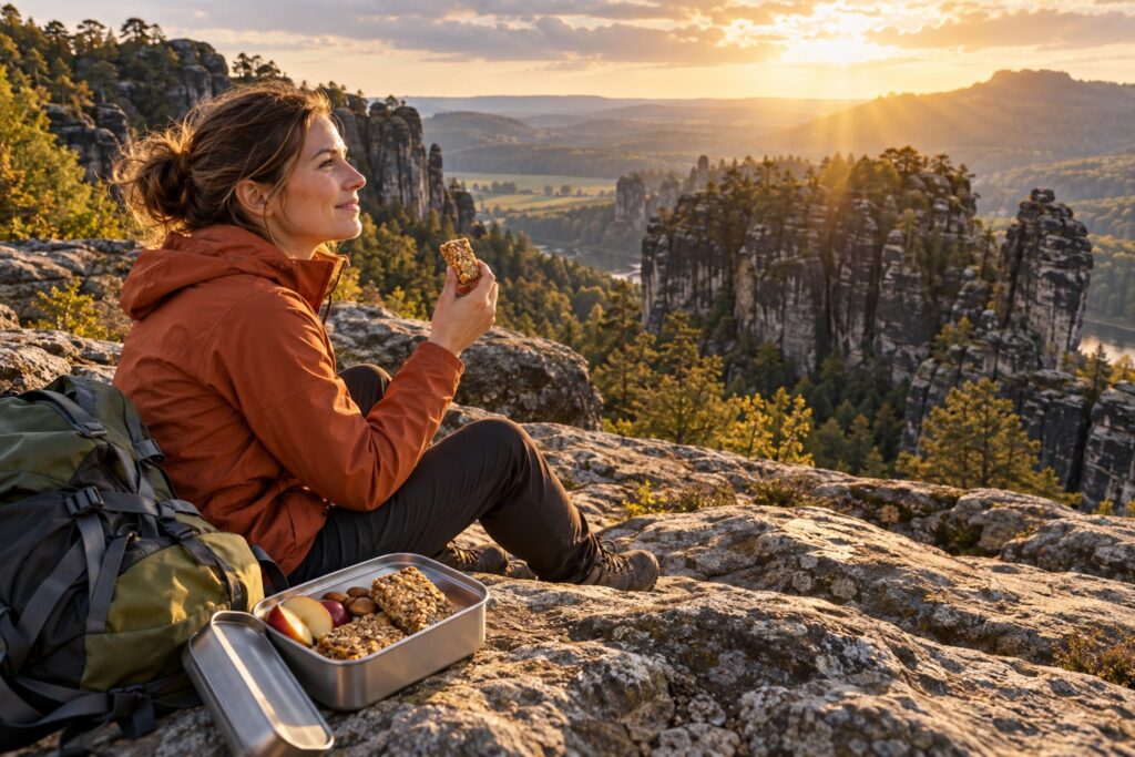 Wanderin mit Haferriegel bei einer Pause vor sonnenbeschienenen Felsformationen,Eine kleine Snackpause mit großem Ausblick.
