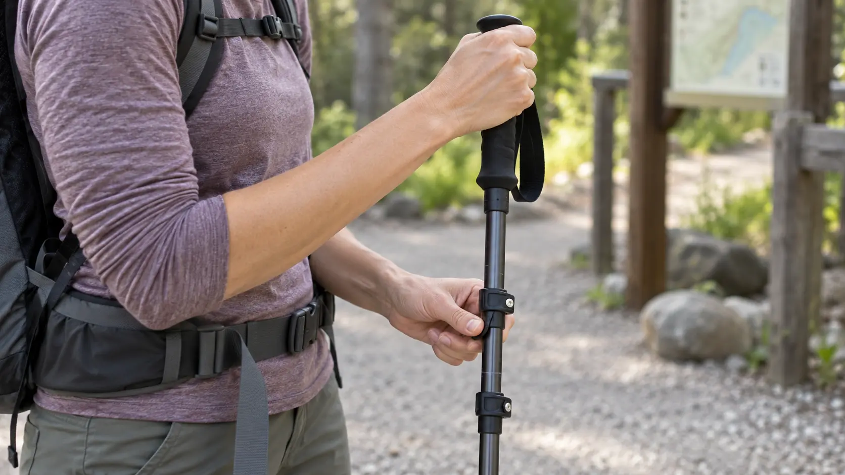 Wanderer stellt einen Trekkingstock mit ungefähr rechtwinkligem Ellenbogen ein