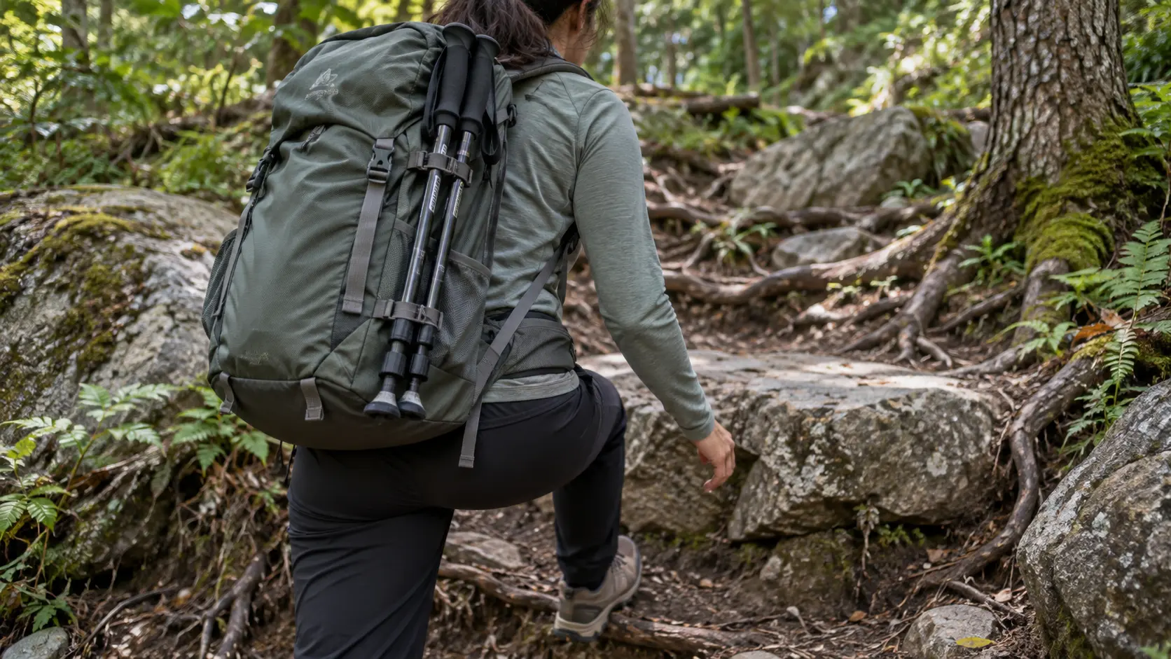 Zusammengelegte Trekkingstöcke sind sicher außen am Wanderrucksack befestigt