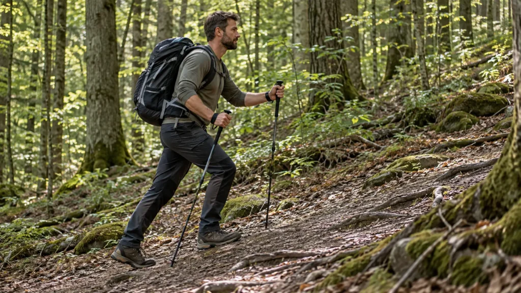 Wanderer beim Aufstieg mit Trekkingstöcken