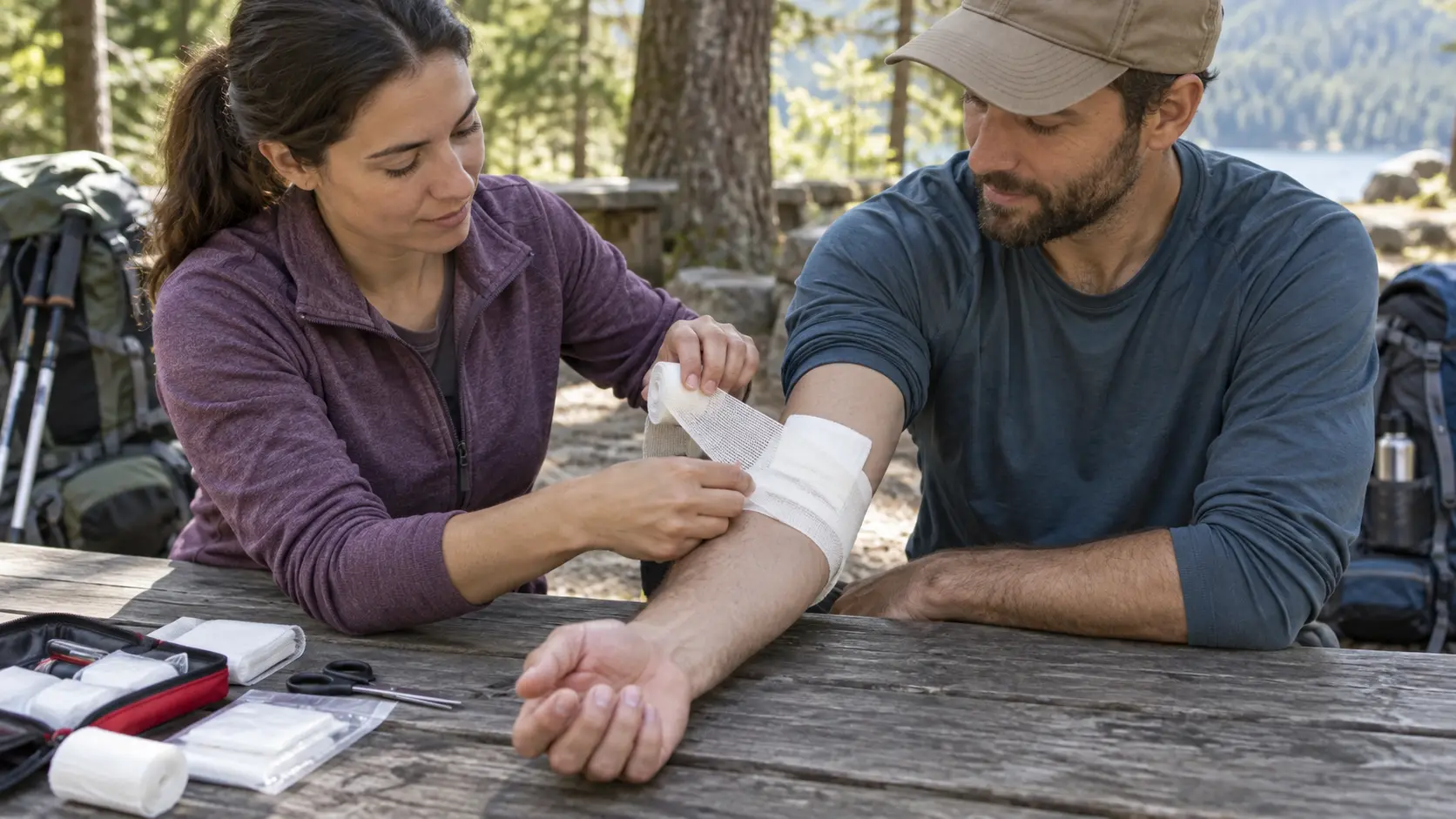 Zwei Wandernde üben das Anlegen eines einfachen Armverbands