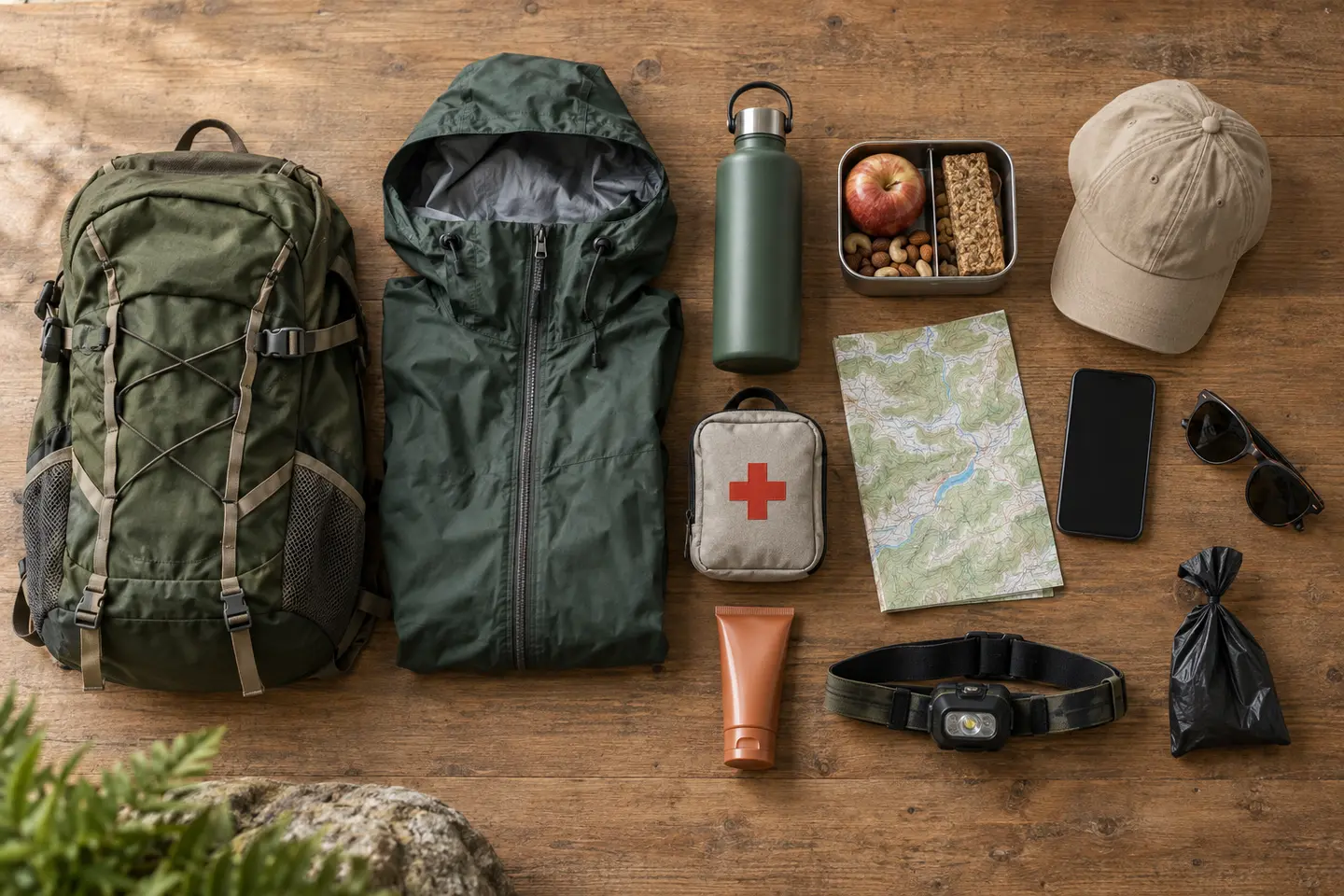 Sinnvolle Ausrüstung für eine Tageswanderung mit Rucksack, Wetterschutz, Wasser, Proviant, Karte und Erste-Hilfe-Set