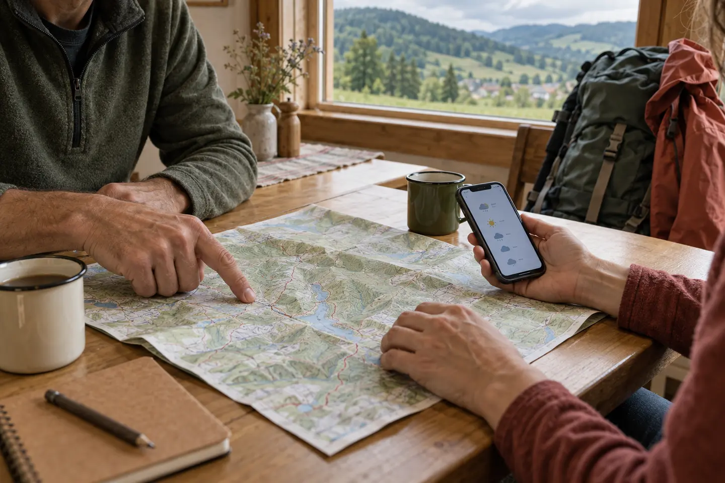 Zwei Personen planen eine Wanderroute mit Karte und Wettervorhersage