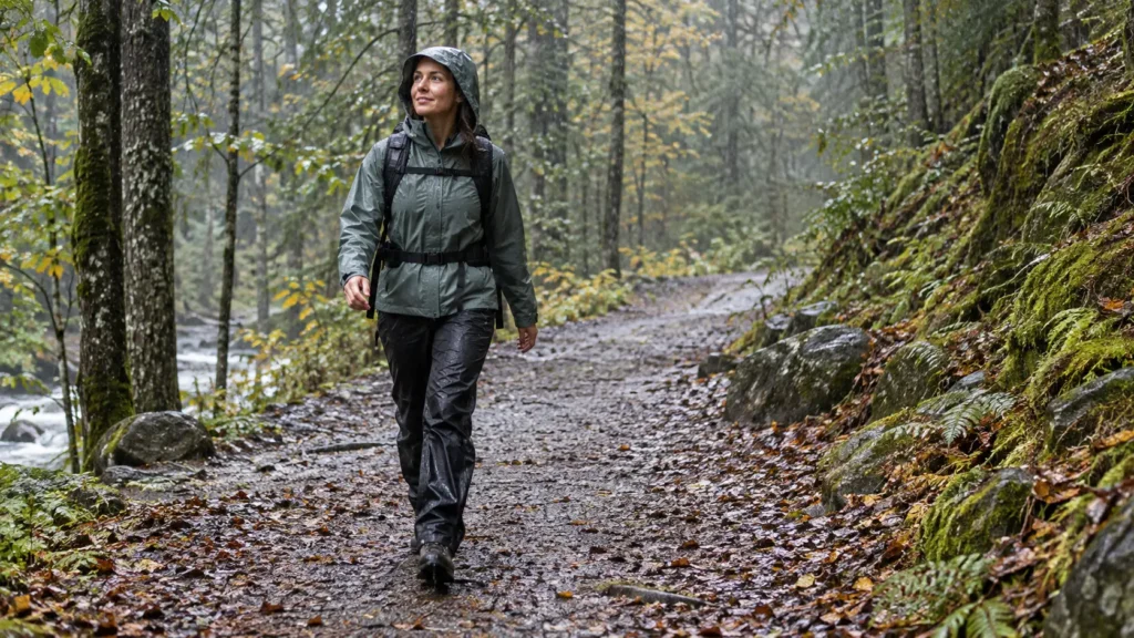 Wanderin in Regenjacke und Regenhose bei Regen