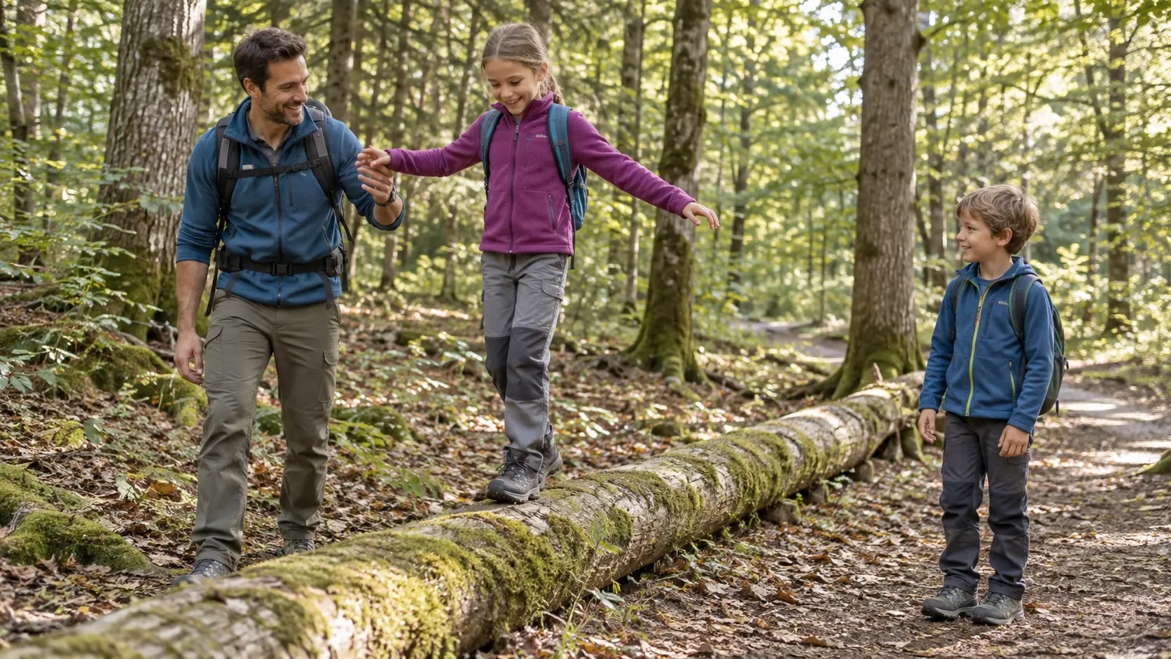 Mädchen balanciert auf einem niedrigen Baumstamm, während Vater und Bruder dabeistehen