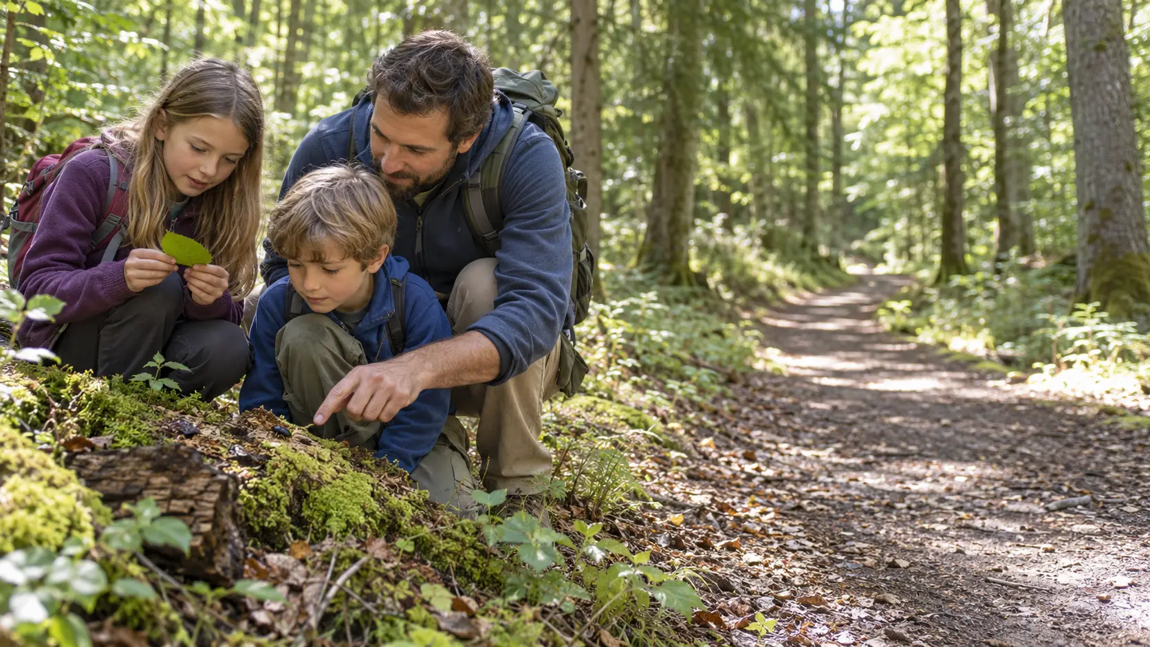 Vater und zwei Kinder entdecken Pflanzen und einen Käfer am Waldrand