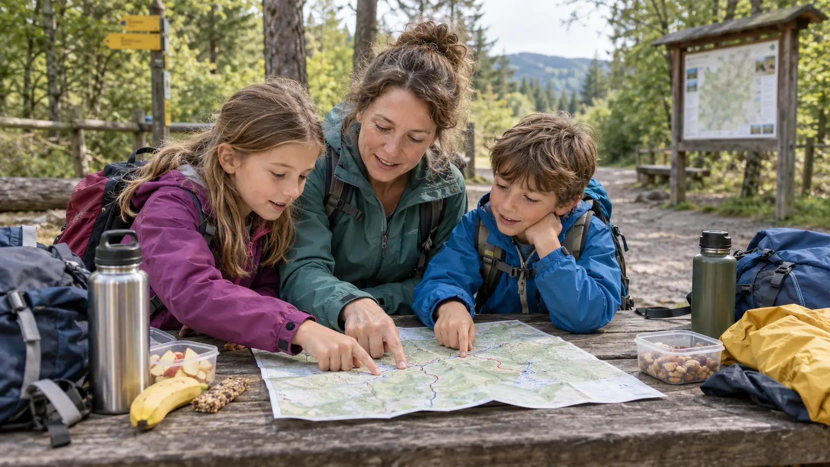 Mutter plant mit zwei Kindern eine Wanderroute auf einer Karte