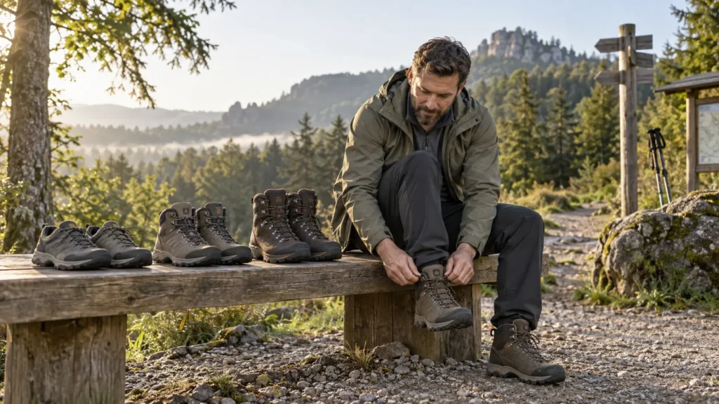 Wanderer testet unterschiedliche Schuhe