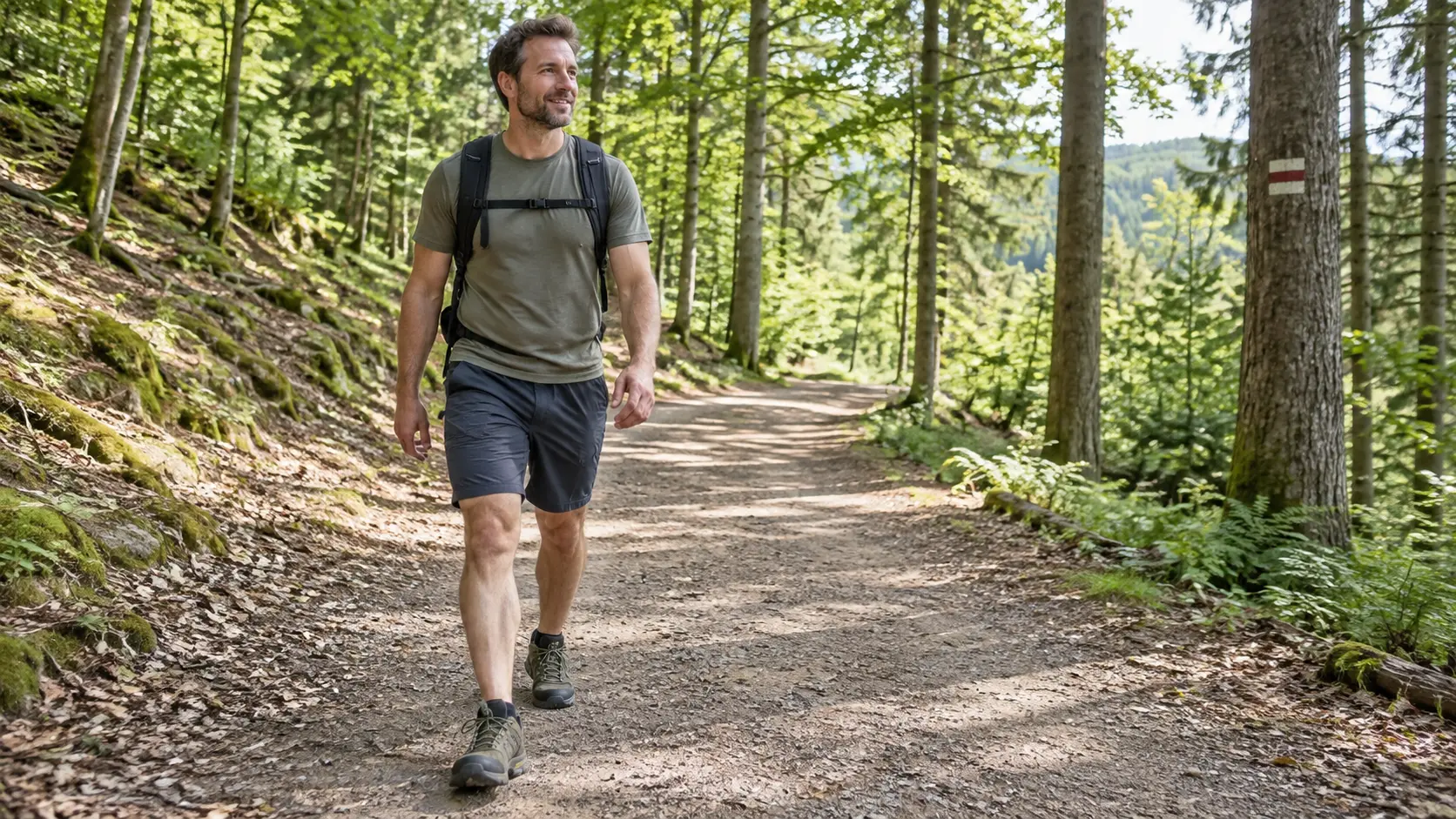 Mann mit niedrigen Wanderschuhen auf einem breiten trockenen Waldweg