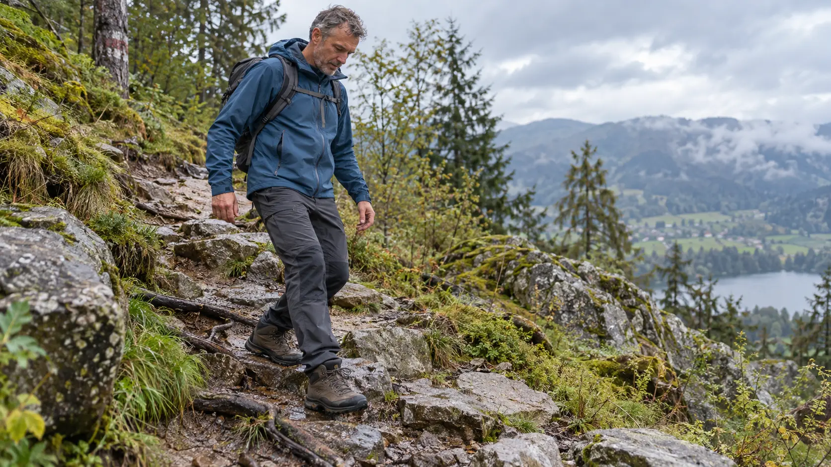 Mann mit halbhohen Wanderschuhen auf einem nassen steinigen Wanderweg