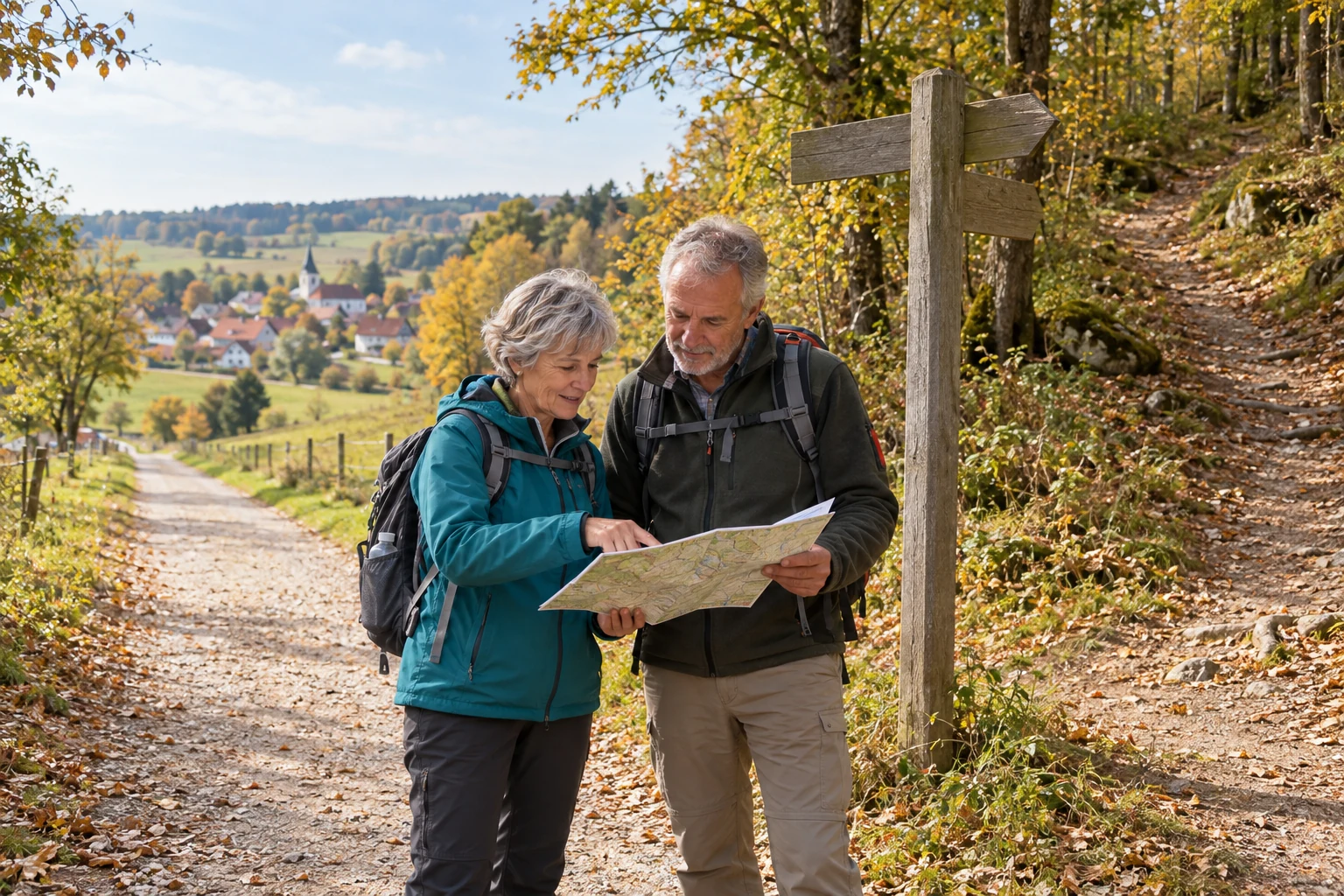Zwei Wandernde prüfen an einer Wegkreuzung eine Papierkarte; ein breiter Weg führt zu einem Dorf.