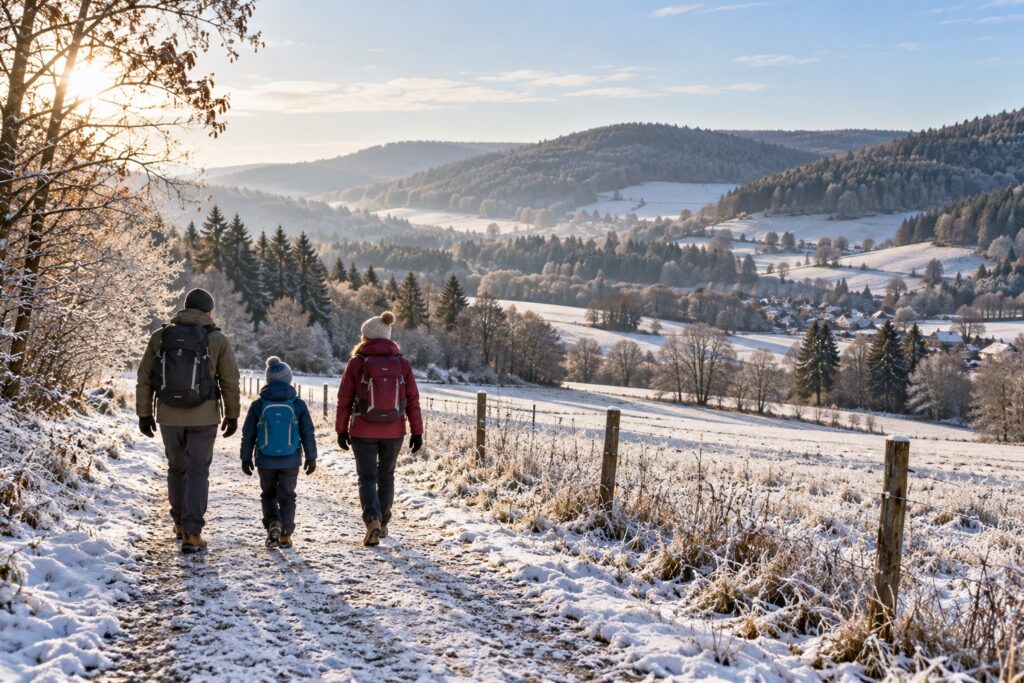 Zwei Erwachsene und ein Kind wandern auf einem leicht verschneiten Weg über winterliche Wiesen vor bewaldeten Hügeln