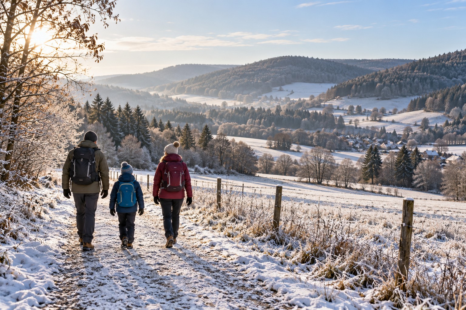 Zwei Erwachsene und ein Kind wandern auf einem leicht verschneiten Weg über winterliche Wiesen vor bewaldeten Hügeln
