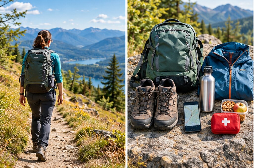 Wanderin mit normalem Tagesrucksack auf einem einfachen Wanderweg sowie typische Grundausrüstung für eine Tageswanderung