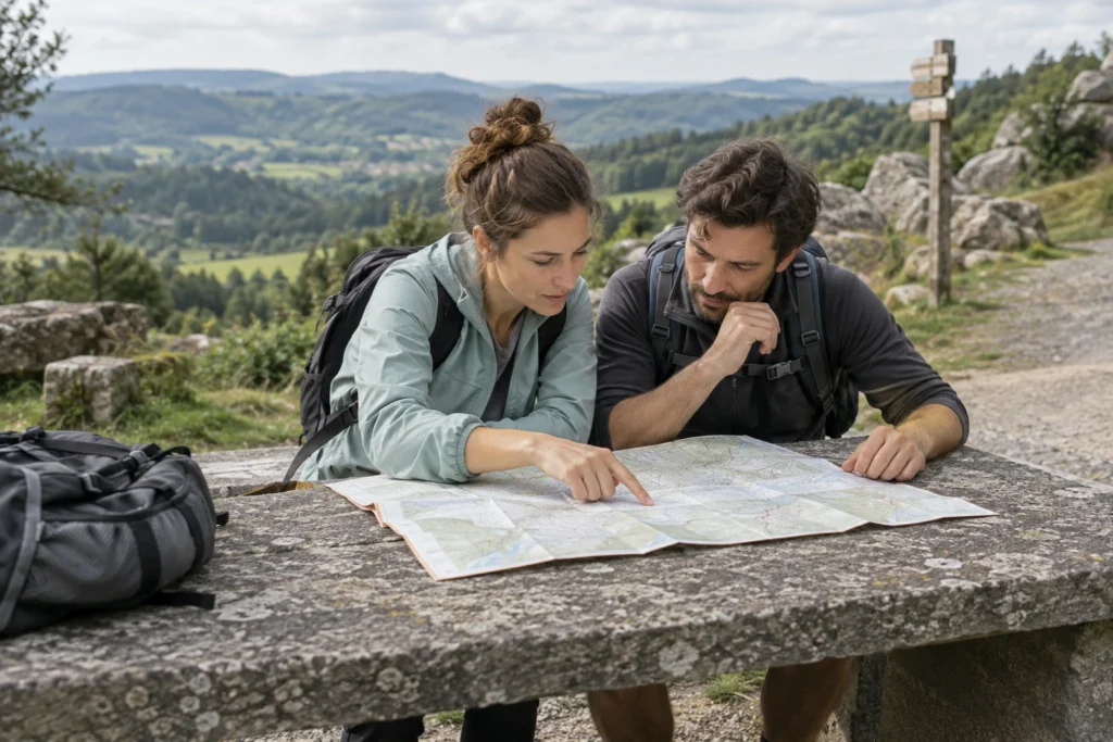 Zwei Wandernde prüfen eine Karte an einem Steintisch neben einem Wanderweg