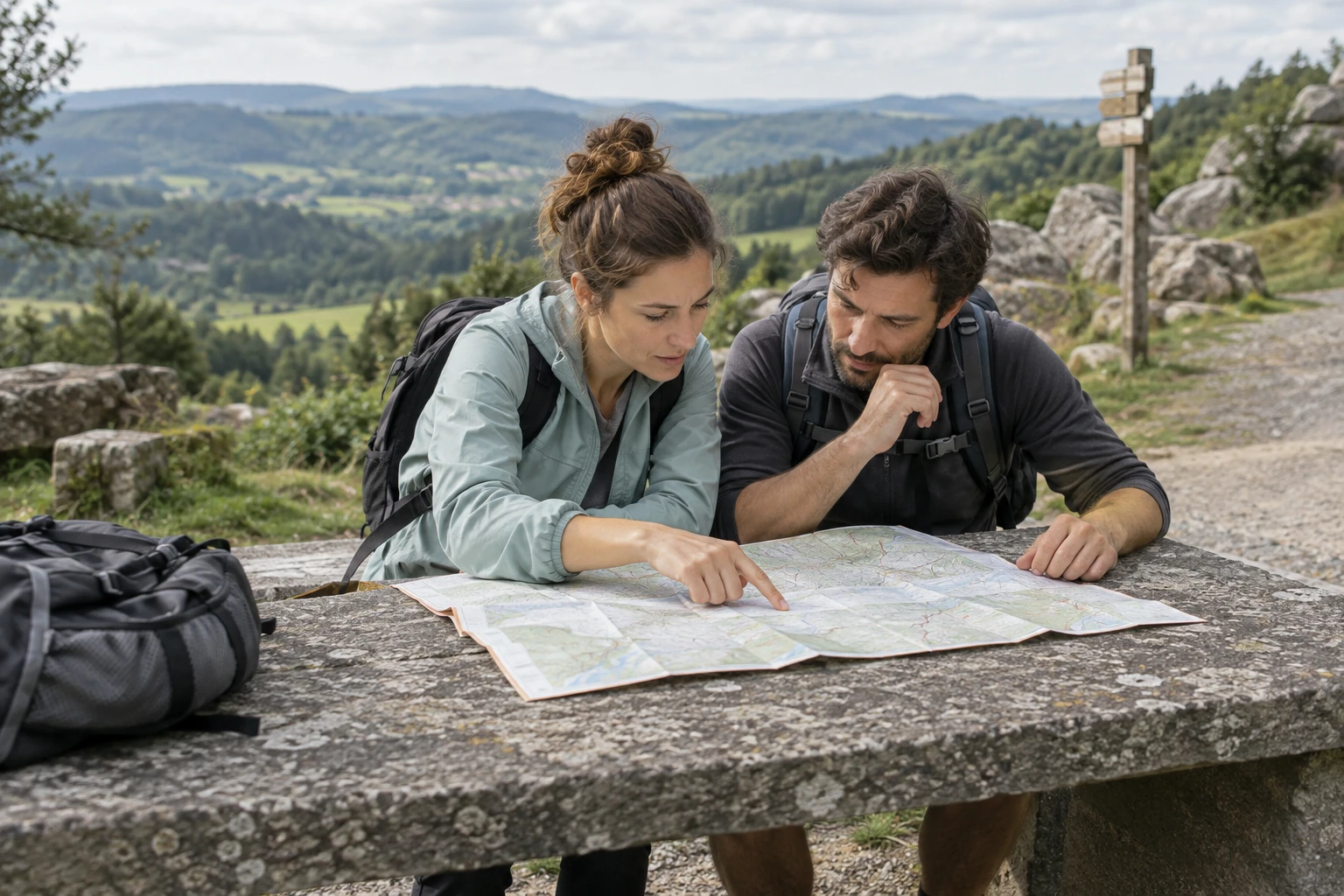 Zwei Wandernde prüfen eine Karte an einem Steintisch neben einem Wanderweg