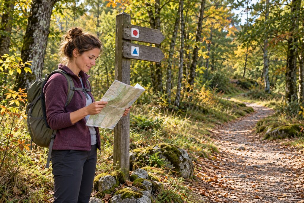 Wanderin mit Tagesrucksack liest eine Karte neben einem Wegweiser auf einem herbstlichen Waldweg
