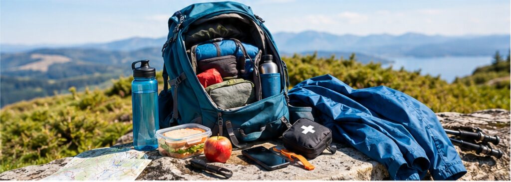 Geöffneter Wanderrucksack mit Wasser, Verpflegung, Regenjacke und Ausrüstung für eine Tageswanderung