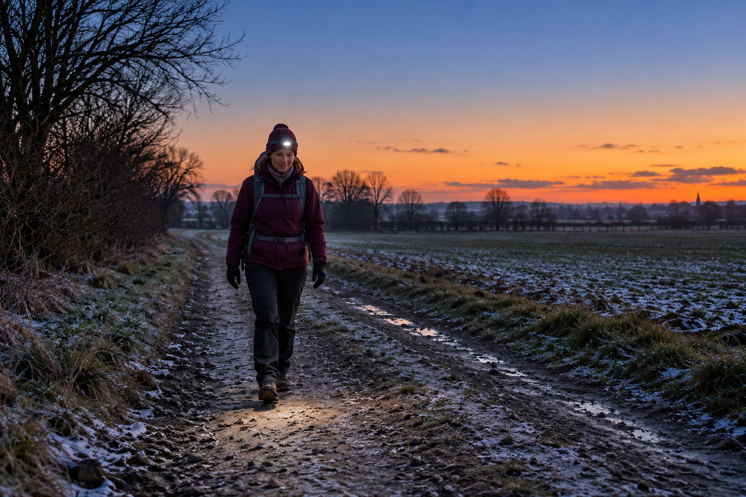 Wanderin mit Stirnlampe auf einem ebenen Feldweg in der winterlichen Abenddämmerung