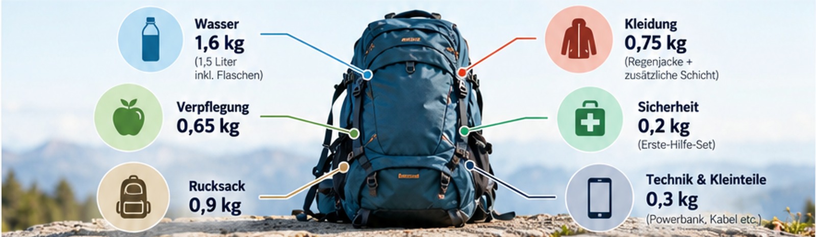 Beispielhafte Gewichtsaufteilung eines Tagesrucksacks mit Wasser, Verpflegung, Kleidung, Erste-Hilfe-Set und Technik