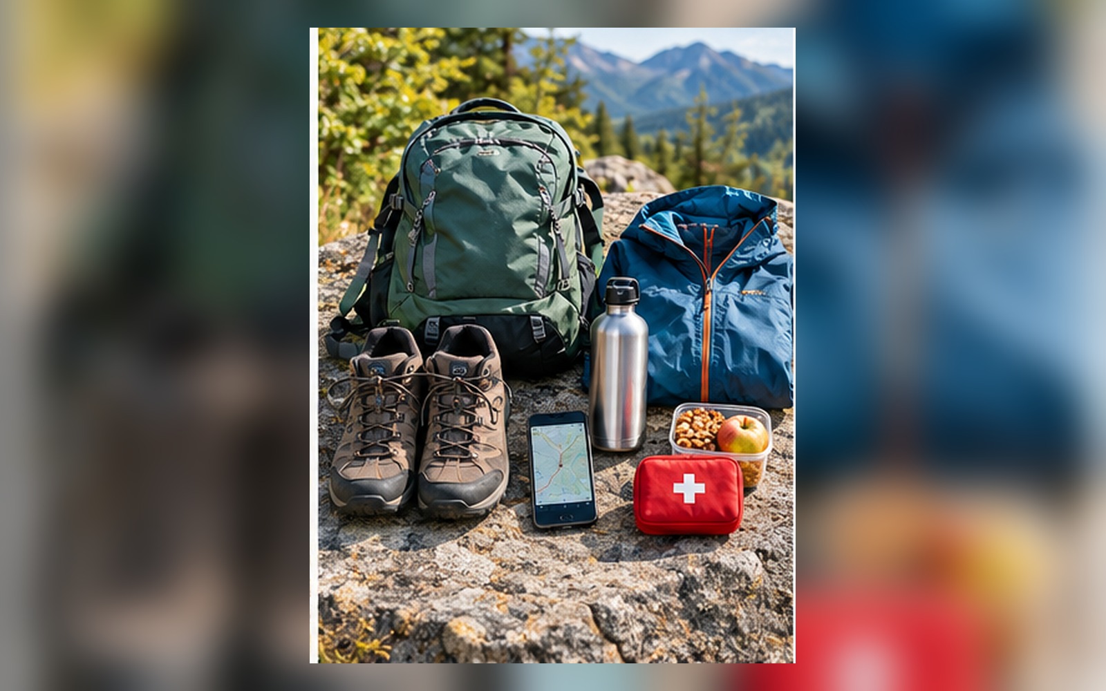 Grundausstattung für eine Tageswanderung mit Rucksack, Wanderschuhen, Regenjacke, Trinkflasche, Smartphone und Erste-Hilfe-Set
