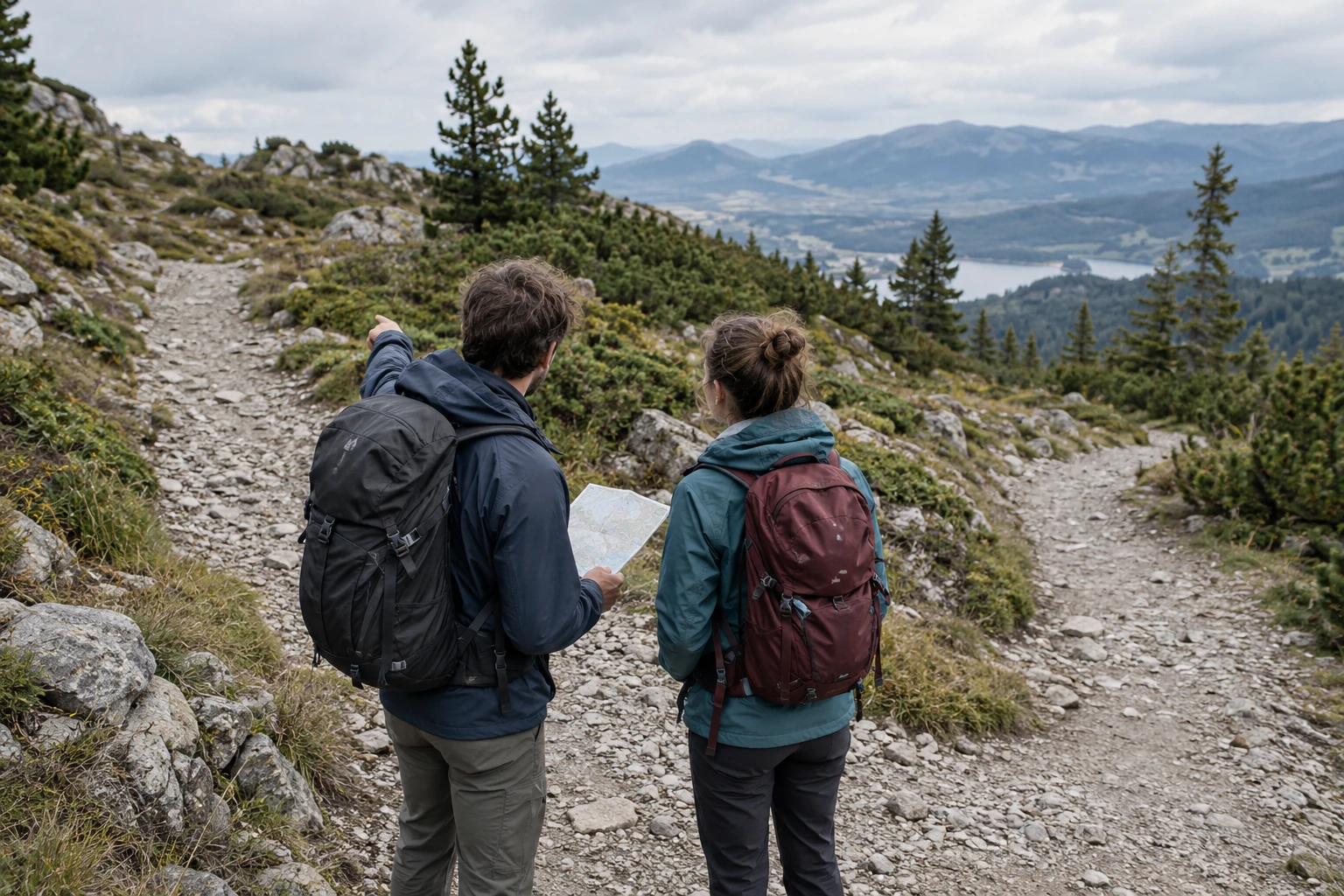 Zwei Wandernde prüfen eine Karte an einer Weggabelung in felsigem Gelände