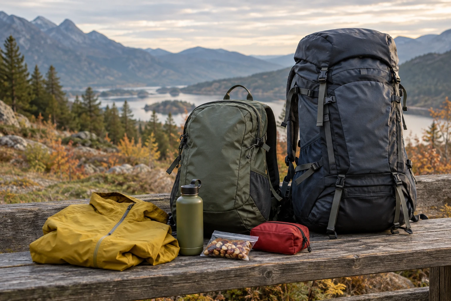 Kompakter Tagesrucksack und großer Trekkingrucksack mit Ausrüstung auf einer Holzbank