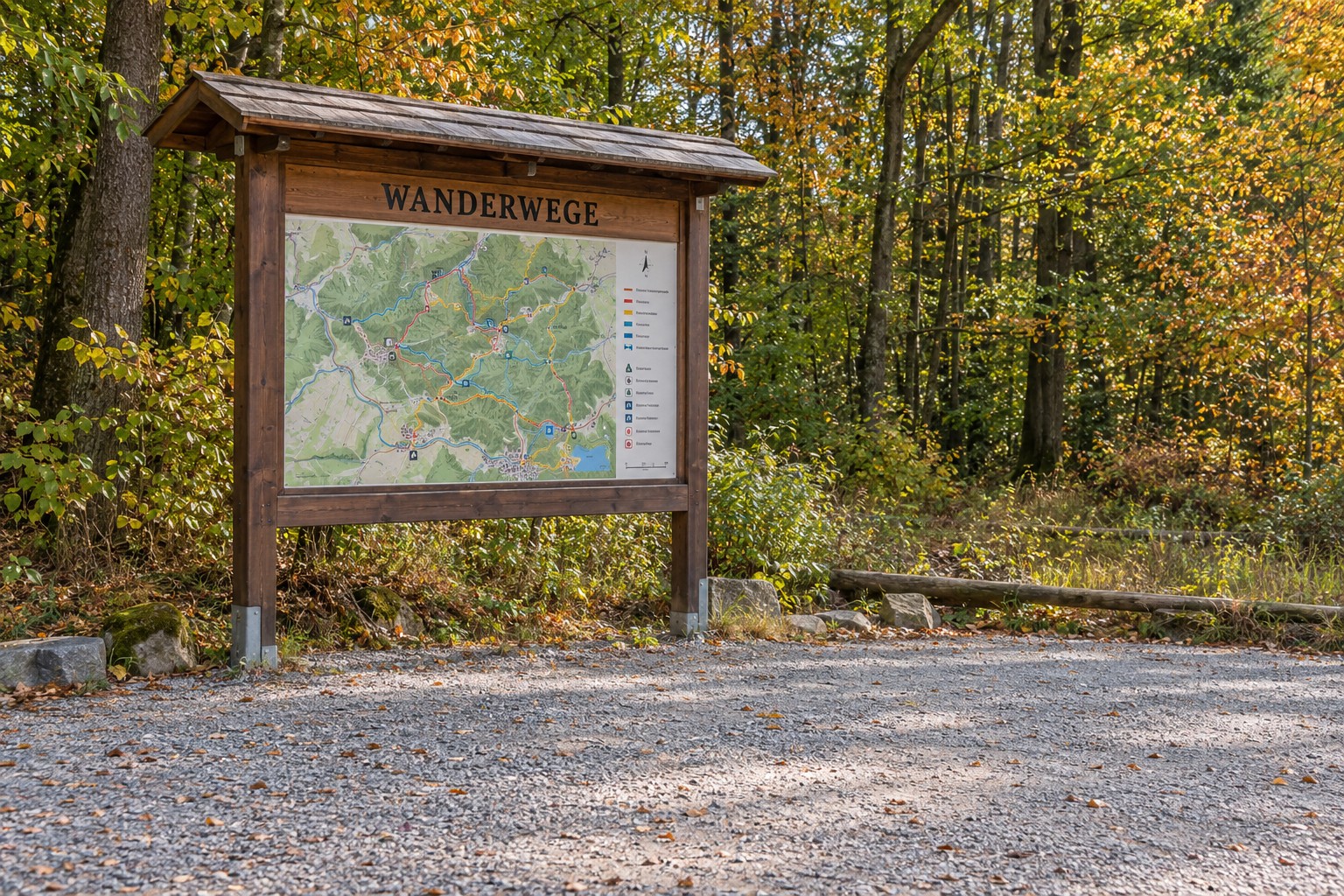Überdachte Wandertafel mit Übersichtskarte an einem leeren Wanderparkplatz am Waldrand